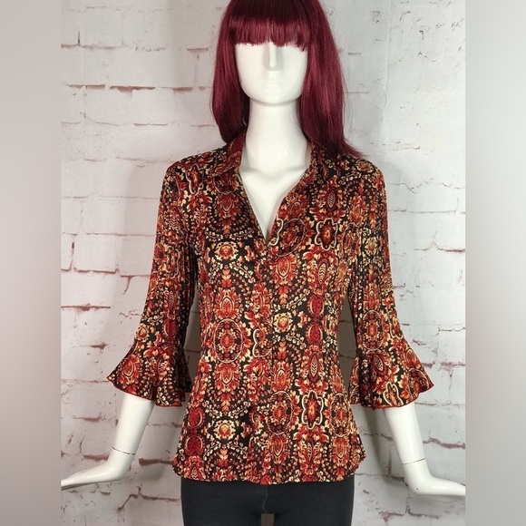 ESSENTIALS BY MILANO Tops - ESSENTIALS By MILANO Pleated S 3/4 Bell Sleeve Rust Cream Black Print Blouse